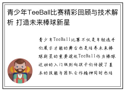 青少年TeeBall比赛精彩回顾与技术解析 打造未来棒球新星